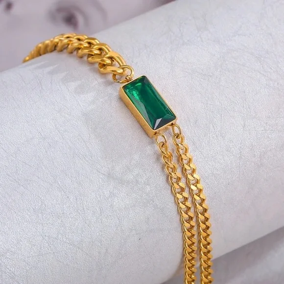 HIGH Quality Simple Hip-Hop Titanium Steel Green Square Zircon Bracelet - Picture 9 of 11